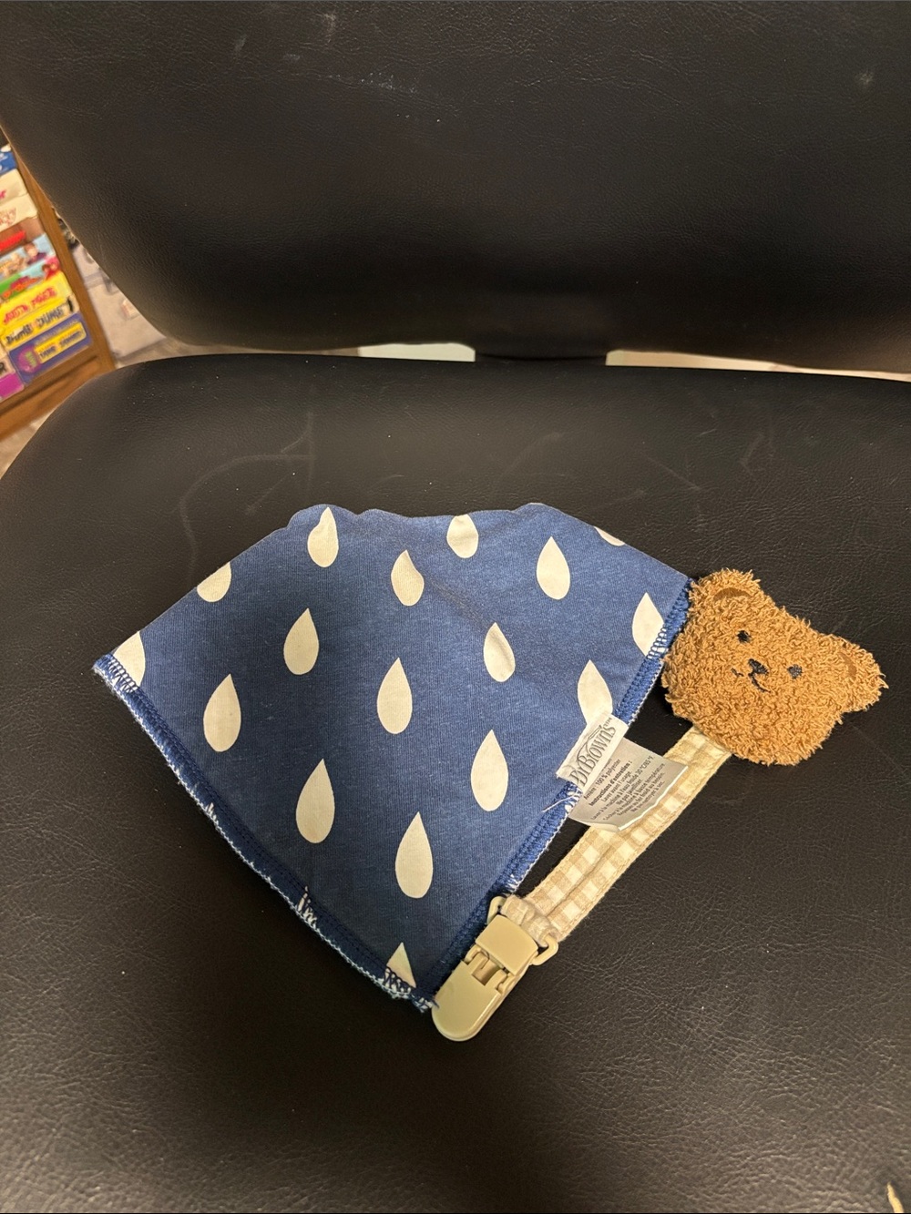 5/$25 Dr. Browns Kids Blue Raindrop Bandana Bib with Teddy Pacifier Clip